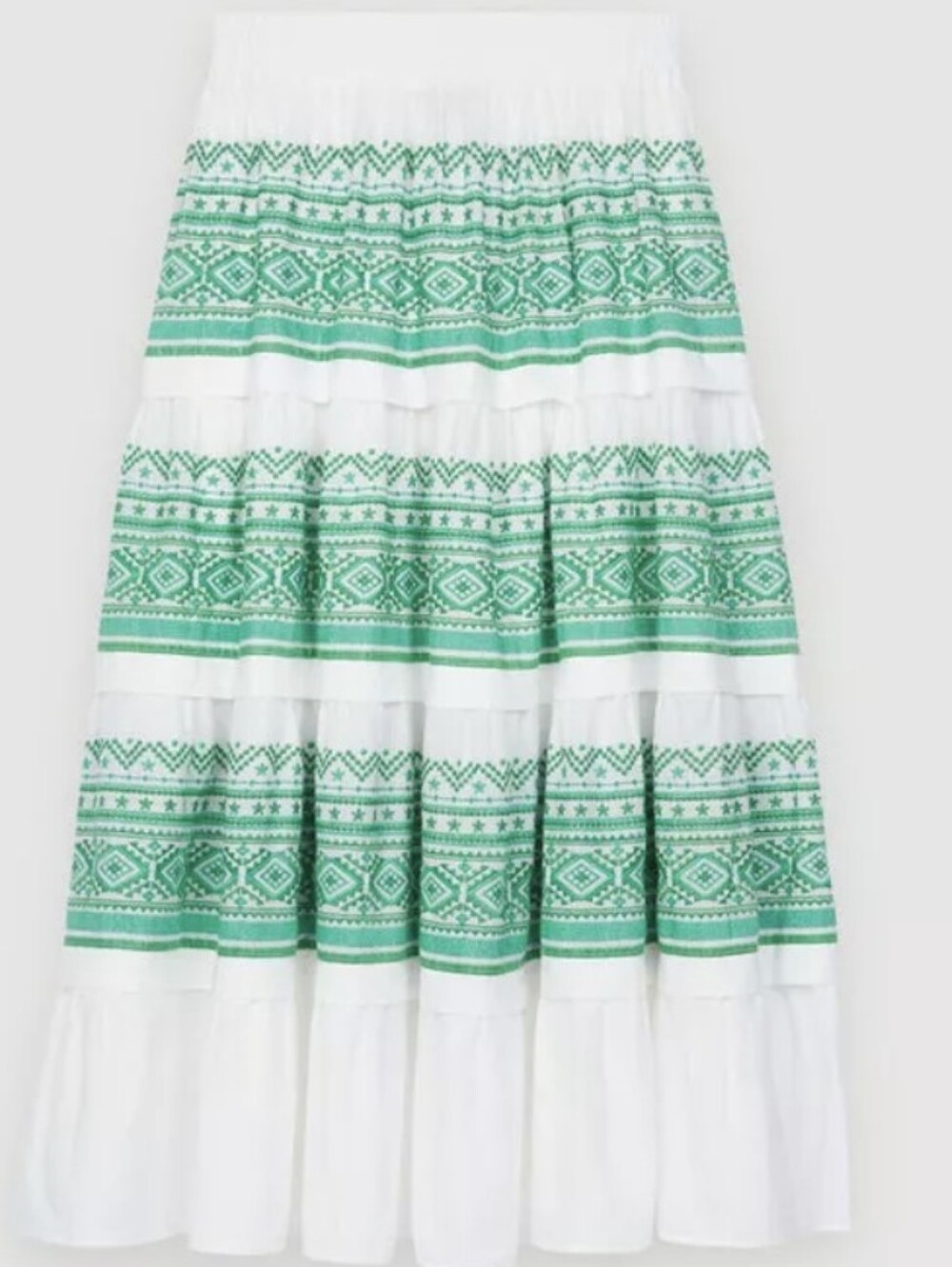 Maje White Maxi Skirt with Green Aztec Embroidery